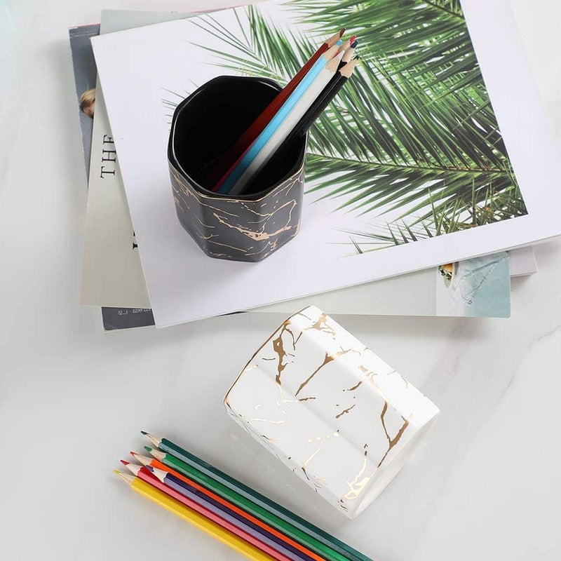KASTWAVE Ceramic Desk Pen Holder, Stand Golden Pattern Cute Pencil Cup Pot Desk Organizer (Black) - Image 4