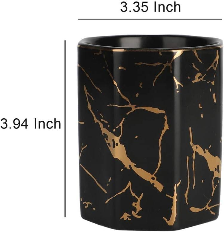 KASTWAVE Ceramic Desk Pen Holder, Stand Golden Pattern Cute Pencil Cup Pot Desk Organizer (Black) - Image 5