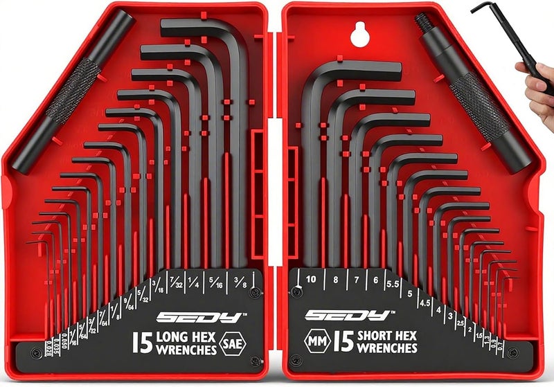 SEDY 32-Piece Hex Key Wrench Set, Metric and SAE Allen Wrenches (0.028-3/8 inch, 0.7-10 mm) L Shape Allen Keys, Chrome Vanadium Steelwith 2x Extension Handle - Image 1
