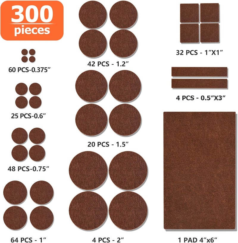 FURNIMATE Felt Furniture Pads 300 Pieces, Furniture Pads for Hardwood Floors, Floor Protectors for Furniture Legs, Felt Pads for Furniture Brown - Image 3