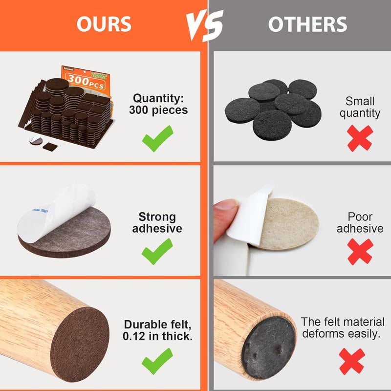 FURNIMATE Felt Furniture Pads 300 Pieces, Furniture Pads for Hardwood Floors, Floor Protectors for Furniture Legs, Felt Pads for Furniture Brown - Image 2