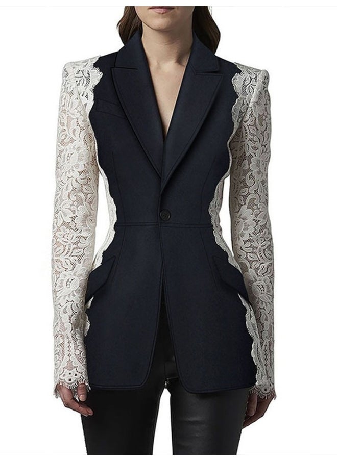 Madam Uniq European and American Celebrity Fashion Slim Fit One-Button Color Block Lace Patchwork Blazer  - Image 1