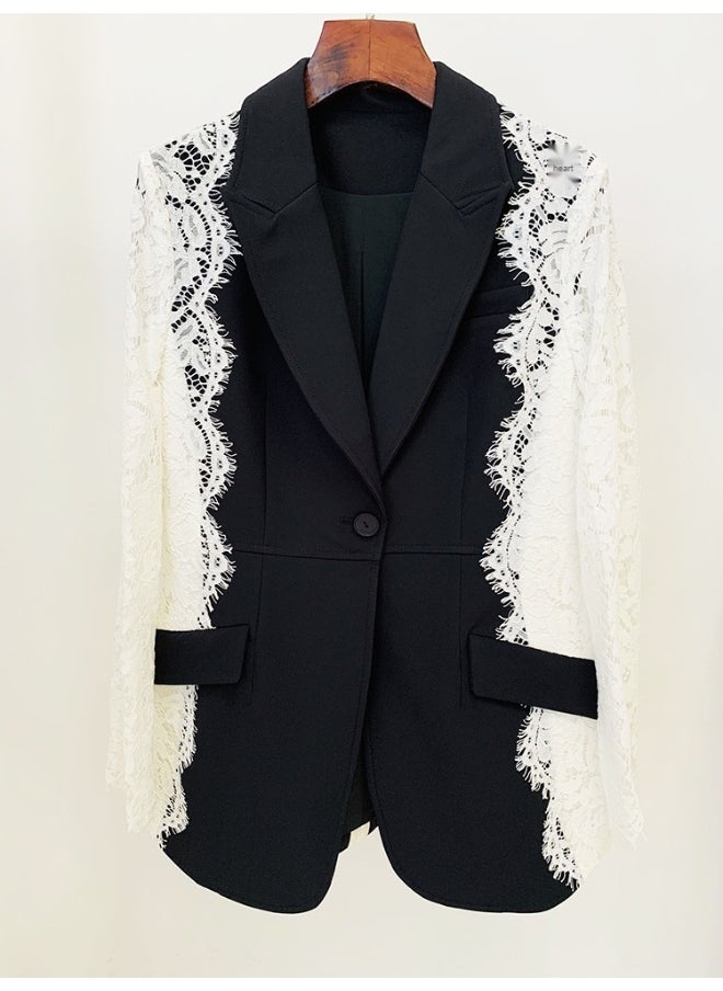 Madam Uniq European and American Celebrity Fashion Slim Fit One-Button Color Block Lace Patchwork Blazer  - Image 2
