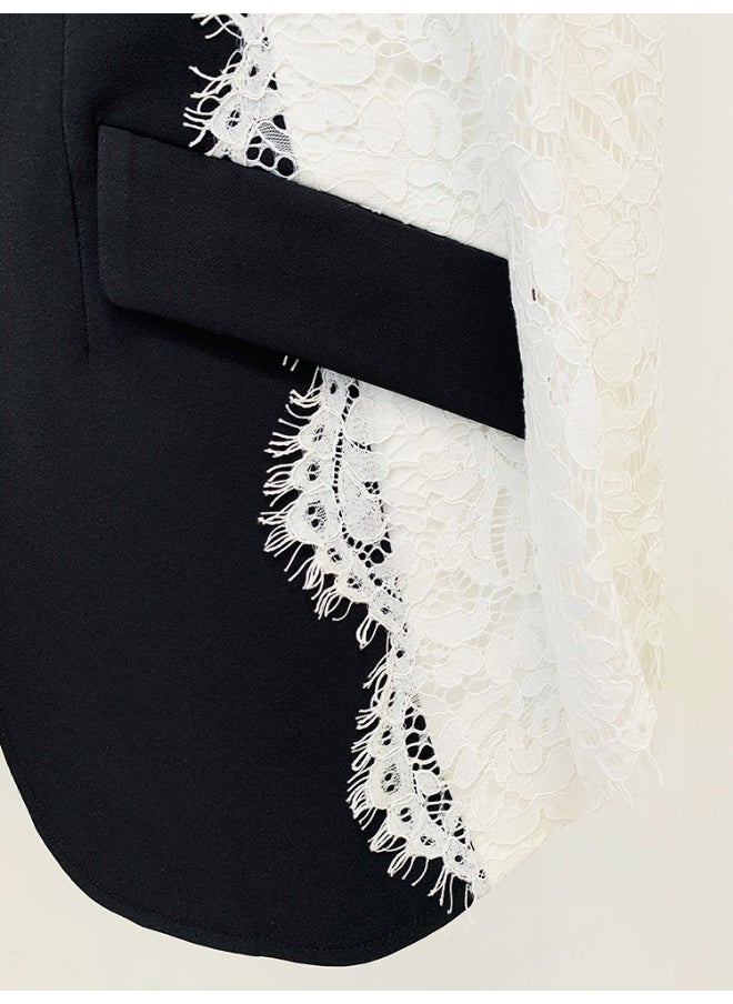 Madam Uniq European and American Celebrity Fashion Slim Fit One-Button Color Block Lace Patchwork Blazer  - Image 3