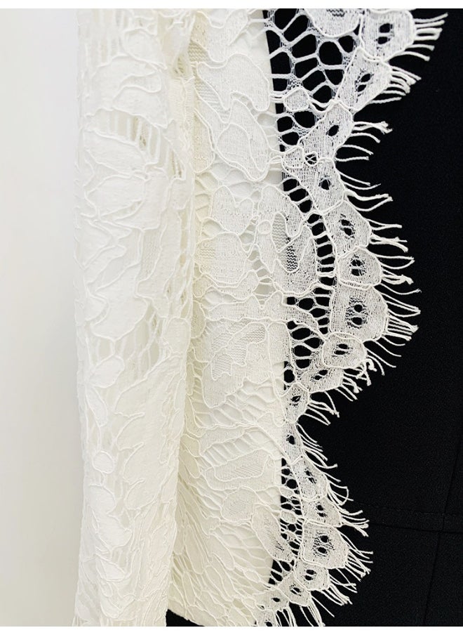 Madam Uniq European and American Celebrity Fashion Slim Fit One-Button Color Block Lace Patchwork Blazer  - Image 4