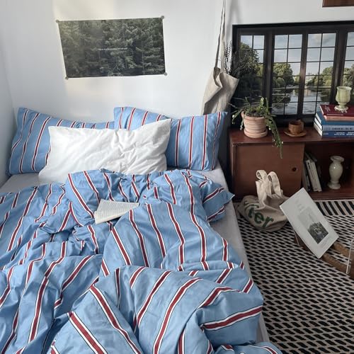 mixinni Vintage Striped Blue Duvet Cover King 100 Cotton Red Stripes 3Piece Bedding Duvet Cover Set with Zipper Closure Soft Breathable Retro Design for All Seasons King Size - Image 3