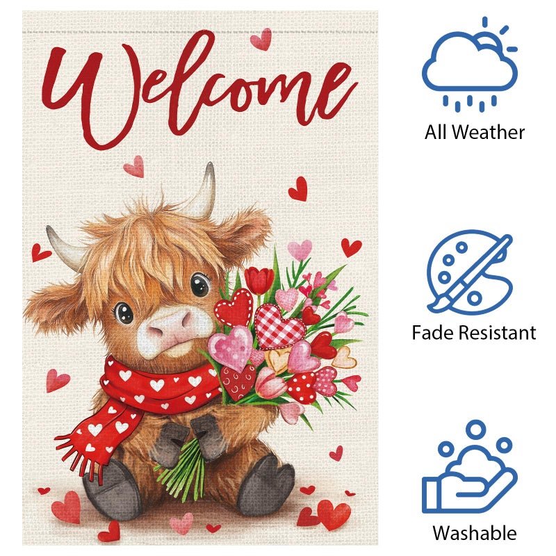 Heyfibro Welcome Valentine's Day Highland Cow Garden Flag 12 x 18 Inch Double Sided Burlap, Floral Heart Bouquet & Red Scarf Yard Flag for Outdoor Romantic Holiday Decoration (ONLY FLAG) - Image 5