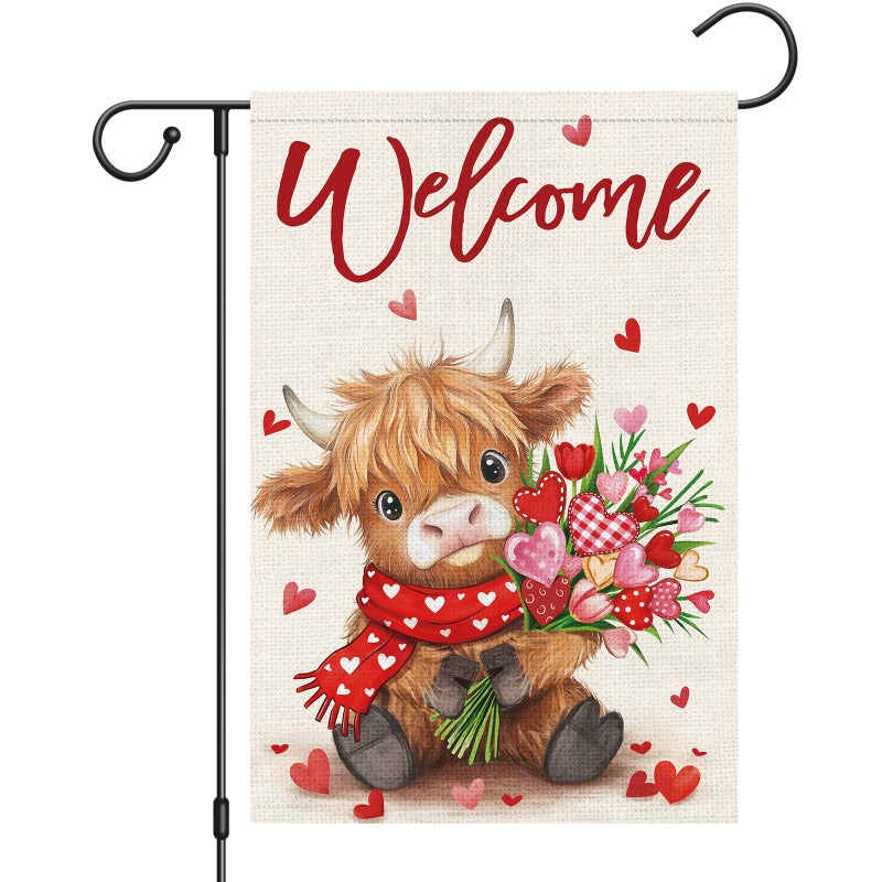Heyfibro Welcome Valentine's Day Highland Cow Garden Flag 12 x 18 Inch Double Sided Burlap, Floral Heart Bouquet & Red Scarf Yard Flag for Outdoor Romantic Holiday Decoration (ONLY FLAG) - Image 1