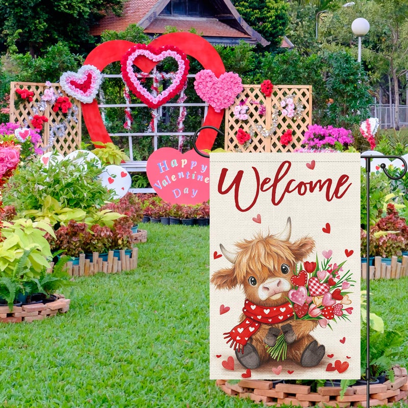 Heyfibro Welcome Valentine's Day Highland Cow Garden Flag 12 x 18 Inch Double Sided Burlap, Floral Heart Bouquet & Red Scarf Yard Flag for Outdoor Romantic Holiday Decoration (ONLY FLAG) - Image 3