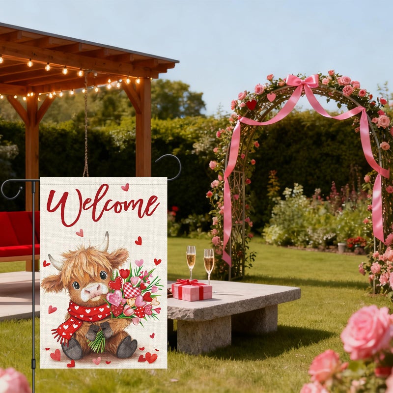 Heyfibro Welcome Valentine's Day Highland Cow Garden Flag 12 x 18 Inch Double Sided Burlap, Floral Heart Bouquet & Red Scarf Yard Flag for Outdoor Romantic Holiday Decoration (ONLY FLAG) - Image 2
