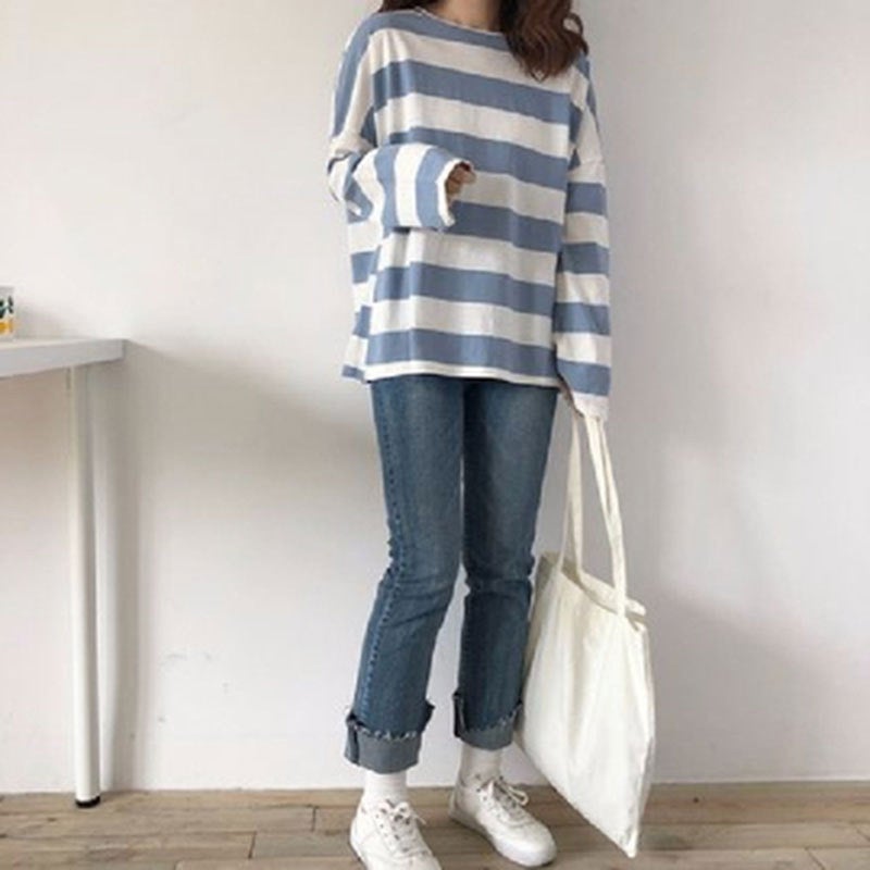 Striped Long-sleeved T-shirt Women's Spring and Autumn Thin Inner Base Shirt 2021 New Internet Celebrity Loose Top Clothes ins Trendy - Image 5