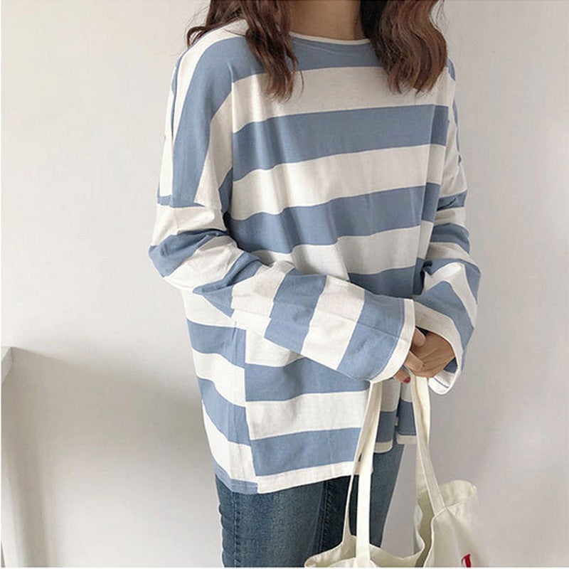 Striped Long-sleeved T-shirt Women's Spring and Autumn Thin Inner Base Shirt 2021 New Internet Celebrity Loose Top Clothes ins Trendy - Image 2