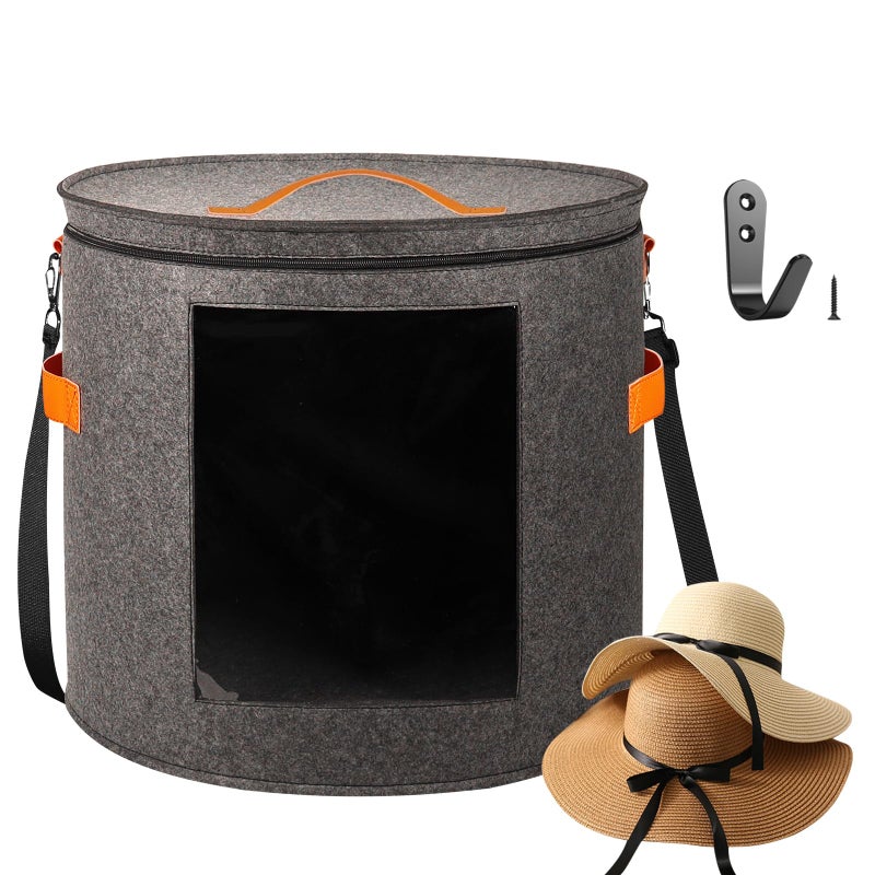 kushon Oversized Hat Storage Box for Women & Menï¼Œ19" D x 17" H Cowboy Hat Boxes with 1 Wood Hook Felt travel Round Hat Organizer Box with Dustproof Lid (Gray) - Image 1
