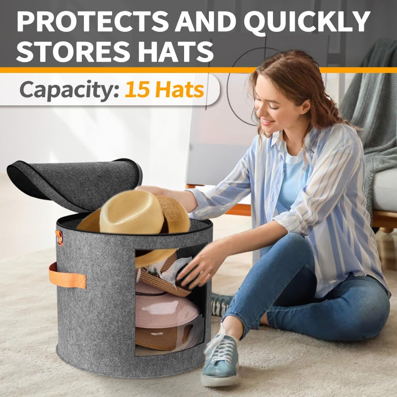 kushon Oversized Hat Storage Box for Women & Menï¼Œ19" D x 17" H Cowboy Hat Boxes with 1 Wood Hook Felt travel Round Hat Organizer Box with Dustproof Lid (Gray) - Image 2
