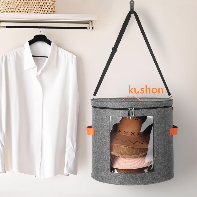 kushon Oversized Hat Storage Box for Women & Menï¼Œ19" D x 17" H Cowboy Hat Boxes with 1 Wood Hook Felt travel Round Hat Organizer Box with Dustproof Lid (Gray) - Image 5