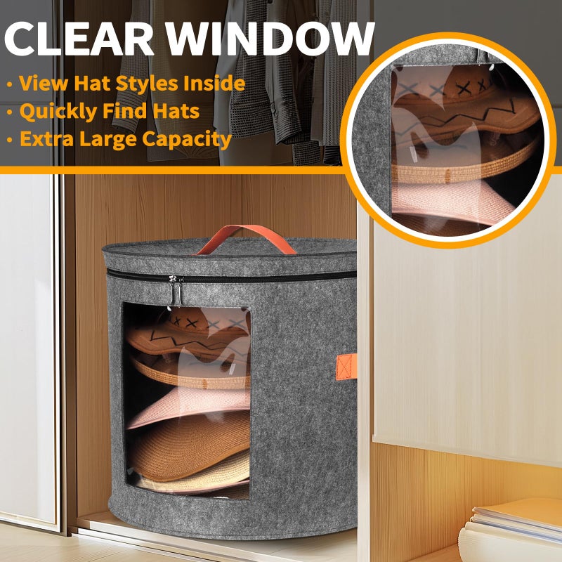 kushon Oversized Hat Storage Box for Women & Menï¼Œ19" D x 17" H Cowboy Hat Boxes with 1 Wood Hook Felt travel Round Hat Organizer Box with Dustproof Lid (Gray) - Image 4