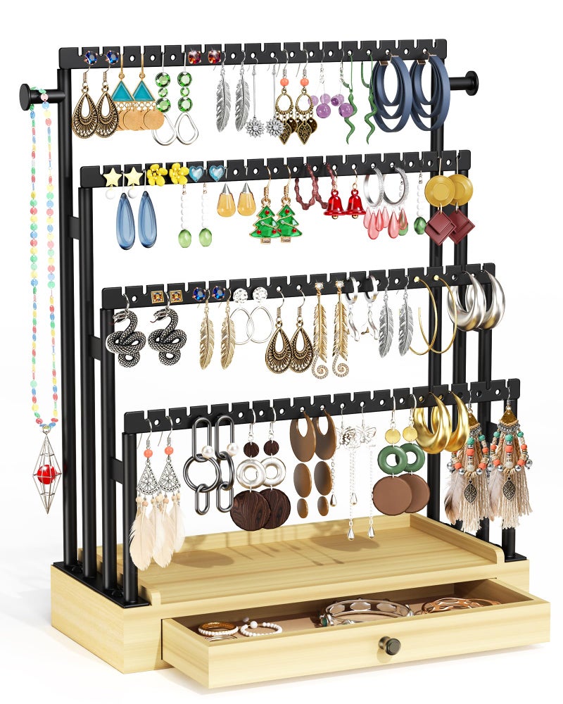 TIPSYTREE Earring Holder Organizer, 4-Tier Jewelry Display Stand with Metal Frame and Wooden Drawer, Large Earring Organizer for Studs, Hoops, and Dangles, Modern Earring Storage Rack for Vanity or Dresser - Image 1