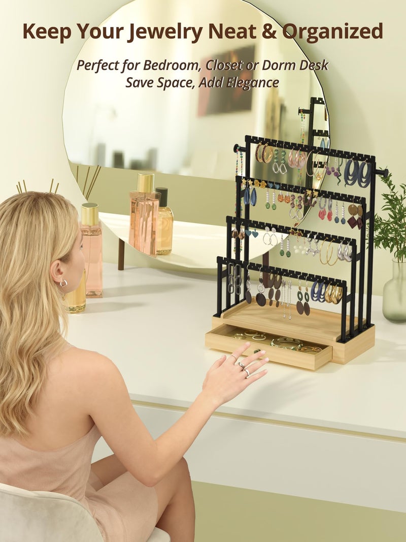 TIPSYTREE Earring Holder Organizer, 4-Tier Jewelry Display Stand with Metal Frame and Wooden Drawer, Large Earring Organizer for Studs, Hoops, and Dangles, Modern Earring Storage Rack for Vanity or Dresser - Image 5