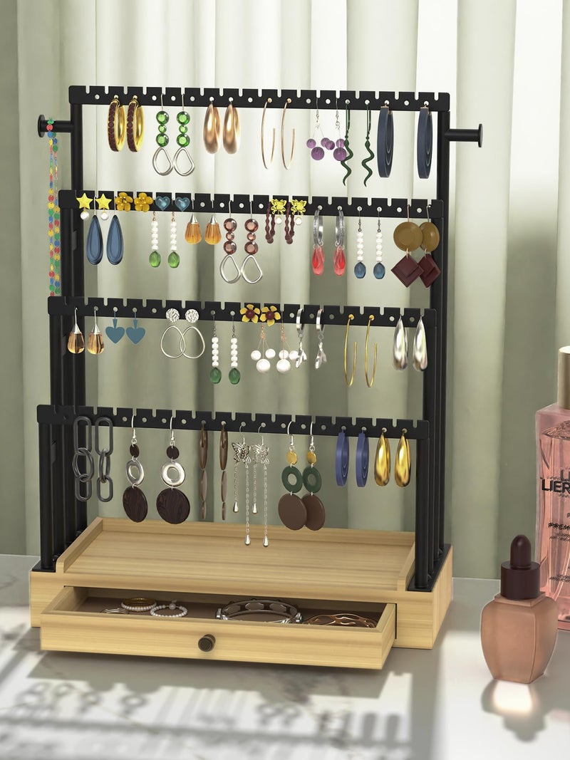 TIPSYTREE Earring Holder Organizer, 4-Tier Jewelry Display Stand with Metal Frame and Wooden Drawer, Large Earring Organizer for Studs, Hoops, and Dangles, Modern Earring Storage Rack for Vanity or Dresser - Image 3