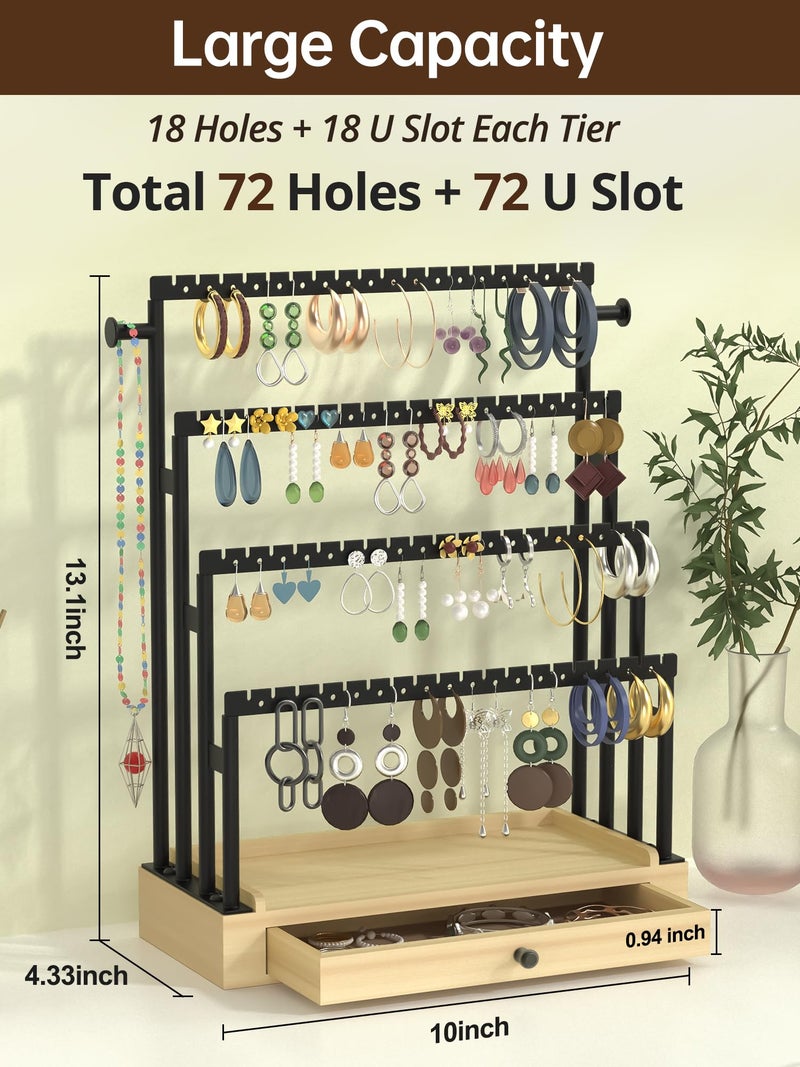 TIPSYTREE Earring Holder Organizer, 4-Tier Jewelry Display Stand with Metal Frame and Wooden Drawer, Large Earring Organizer for Studs, Hoops, and Dangles, Modern Earring Storage Rack for Vanity or Dresser - Image 2