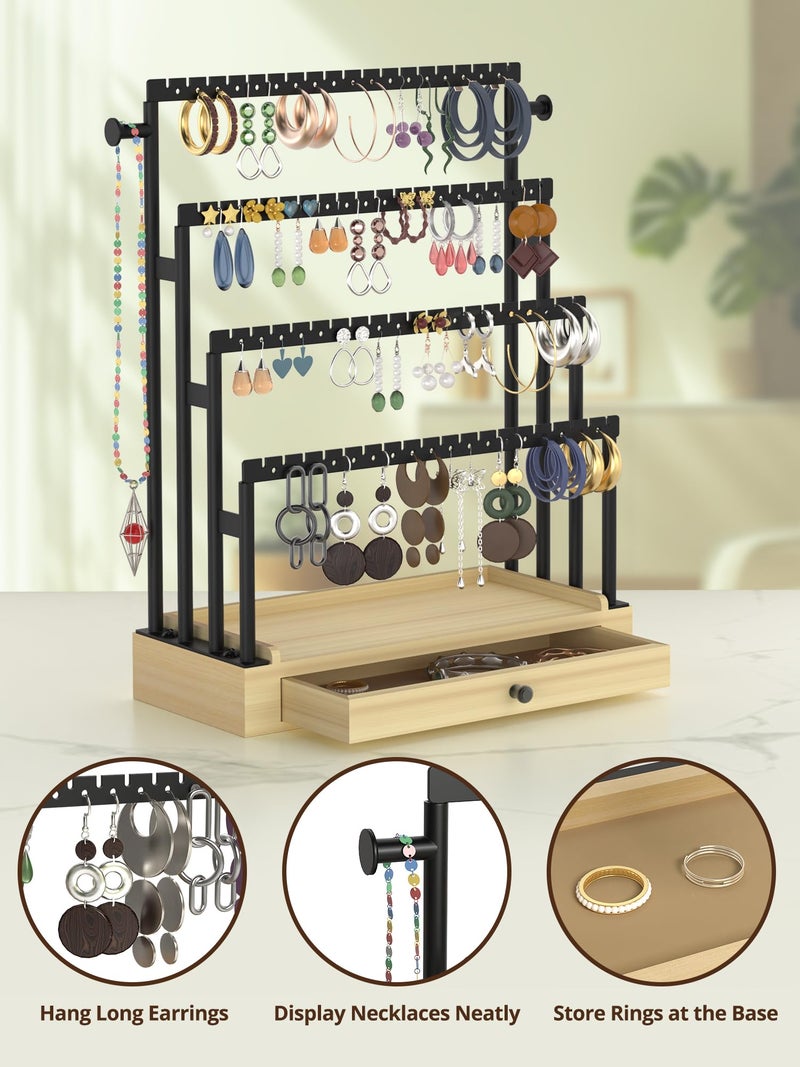 TIPSYTREE Earring Holder Organizer, 4-Tier Jewelry Display Stand with Metal Frame and Wooden Drawer, Large Earring Organizer for Studs, Hoops, and Dangles, Modern Earring Storage Rack for Vanity or Dresser - Image 4
