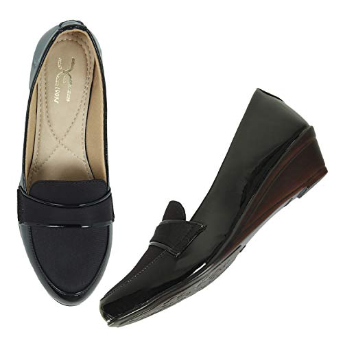 XE Looks Women's Black Wedge Loafers | Glossy Faux Leather | Comfortable & Durable Design Ballies For Girls & Women - Image 2