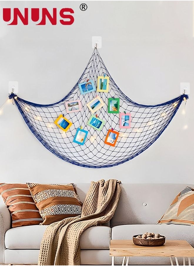 UNUNS - إطار صورة جدارية، 78.7 بوصة × 59 بوصة شبكة سمك زخرفية مع أصداف وسلسلة أضواء LED، ديكور نمط البحر الأبيض المتوسط شبكة سمك مع مشبك صورة - Image 1
