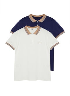 trendyol Navy Blue-White 2 Pack Slim/Narrow Cut Deer Embroidered 100% Cotton Polo Neck T-Shirt TMNSS24PO00031  - Image 2
