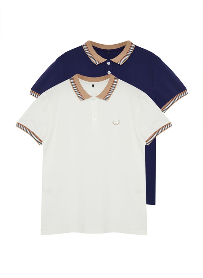 trendyol Navy Blue-White 2 Pack Slim/Narrow Cut Deer Embroidered 100% Cotton Polo Neck T-Shirt TMNSS24PO00031  - Image 2