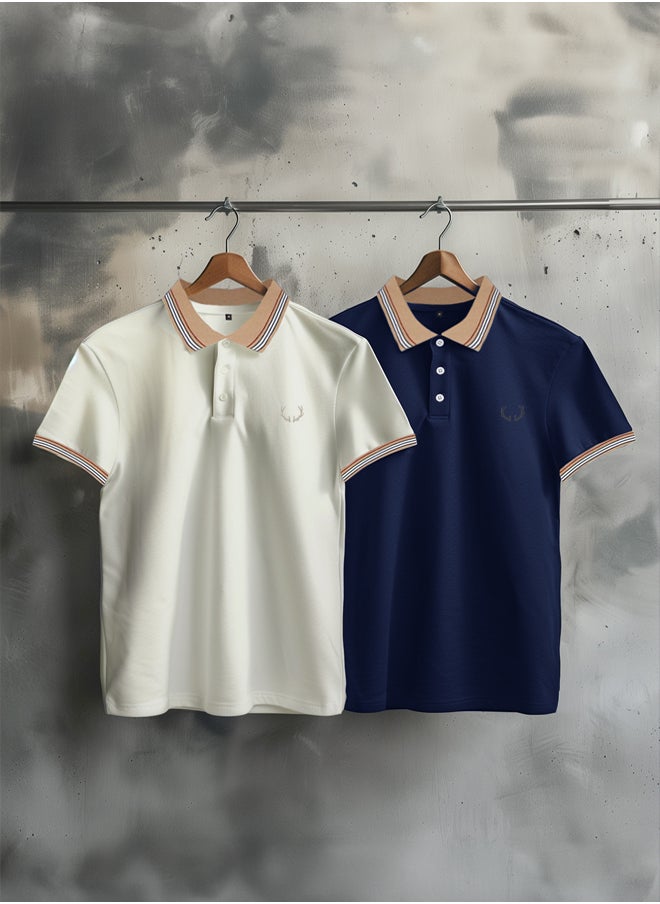 trendyol Navy Blue-White 2 Pack Slim/Narrow Cut Deer Embroidered 100% Cotton Polo Neck T-Shirt TMNSS24PO00031  - Image 1