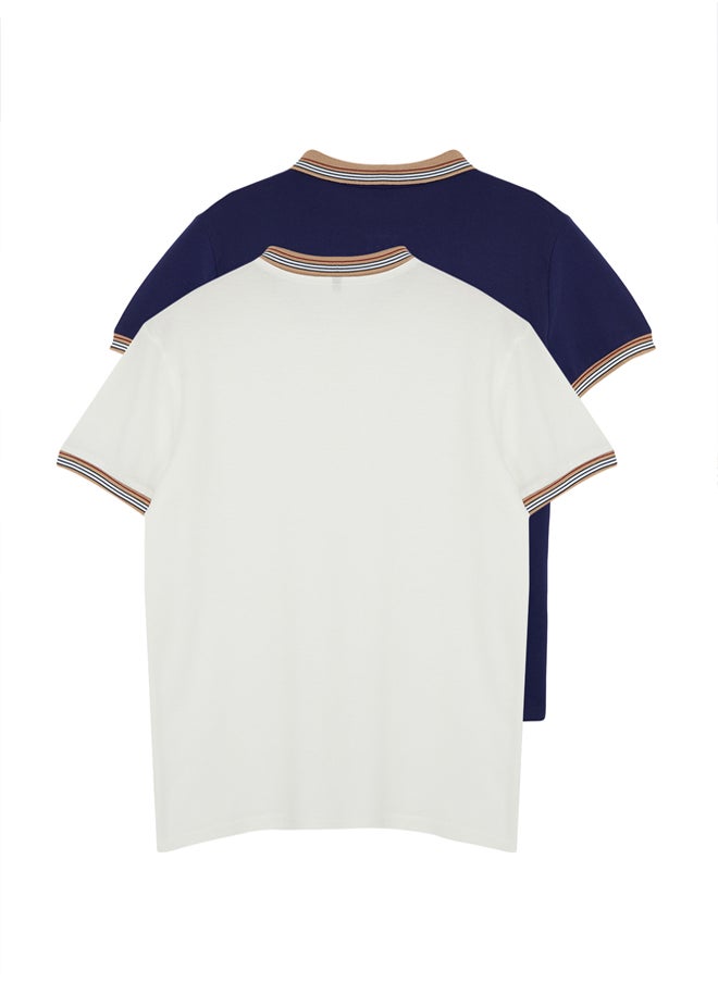 trendyol Navy Blue-White 2 Pack Slim/Narrow Cut Deer Embroidered 100% Cotton Polo Neck T-Shirt TMNSS24PO00031  - Image 3