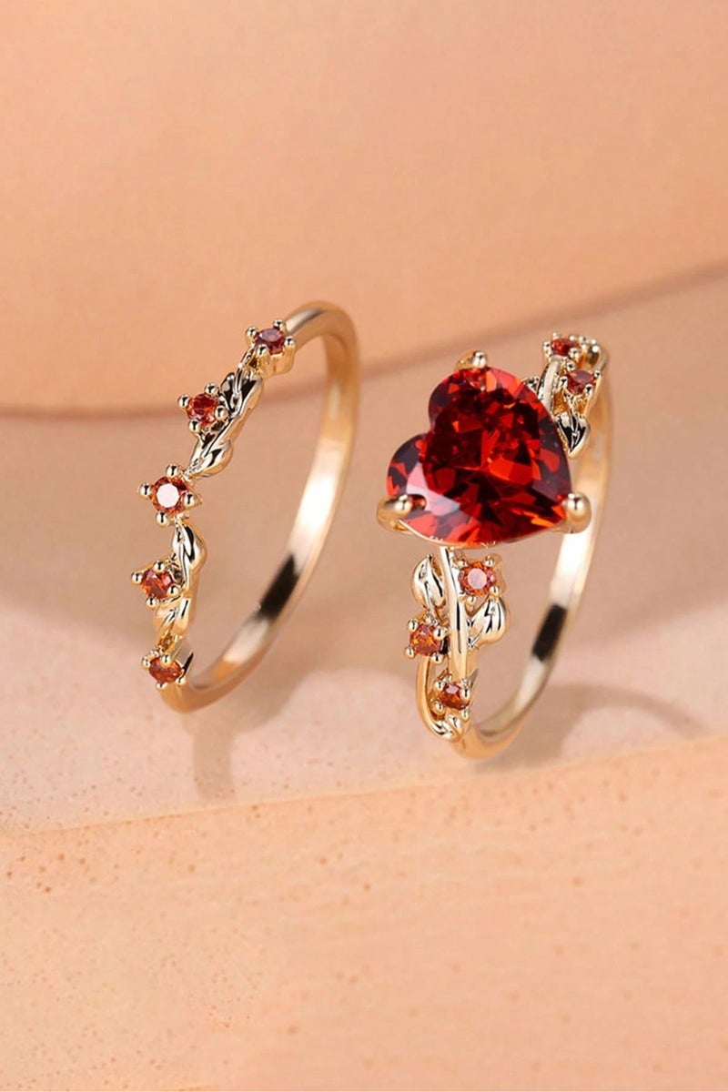 Women's Accessory – Two-Piece Gold Ring Set Embellished with Sparkling Stones and a Red Heart Design. Comes with a lovely message box, perfect as a ready-to-gift present for engagements, weddings, graduations, Mother's Day, Valentine's Day, anniversaries, birthdays, and all special occasions. Ring size: (7) - Image 2