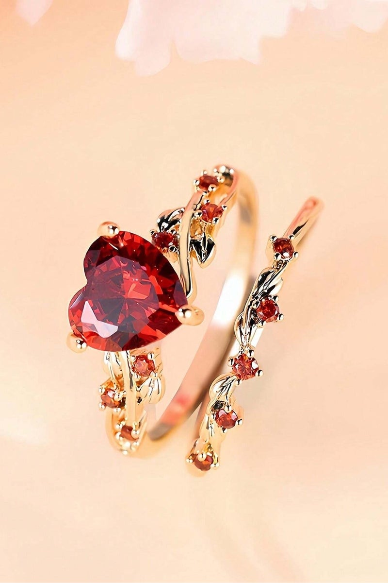 Women's Accessory – Two-Piece Gold Ring Set Embellished with Sparkling Stones and a Red Heart Design. Comes with a lovely message box, perfect as a ready-to-gift present for engagements, weddings, graduations, Mother's Day, Valentine's Day, anniversaries, birthdays, and all special occasions. Ring size: (7) - Image 3