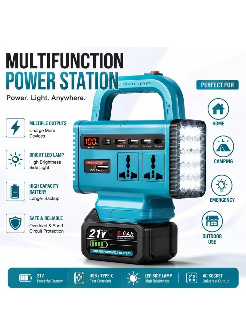 DBLEW 300W Multi-Functional Battery Inverter for 21V Batteries, DC to AC Power Converter, 220V Universal Socket, Dual USB & USB-C Fast Charging, Portable Emergency Power Supply with LED Light - Image 2