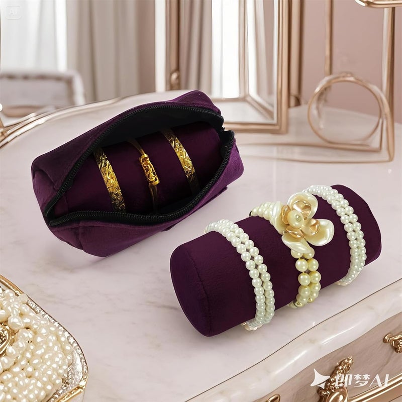 SCIKHEFT Velvet Bangle & Bracelet Organizers and Storage Small Jewelry Travel Organizer Roll, Compact Jewelry Case for Bangles, Bracelets, Watches(Dark Purple) - Image 2