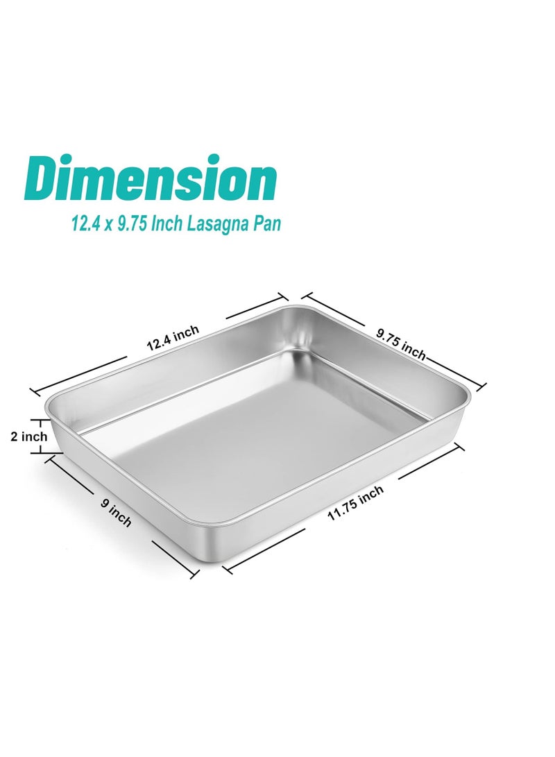 TeamFar Lasagna Pan, 12⅖’’ x 9¾’’ x 2’’, Stainless Steel Rectangular Cake Brownie Casserole Pan For Roasting Baking, Healthy & Heavy Duty, Brushed Surface & Deep Side, Dishwasher Safe - Image 2