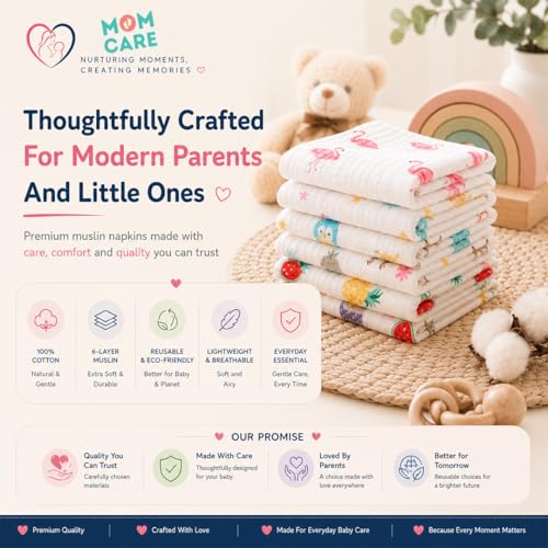 MOM CARE 6 Layer Muslin Baby Washcloth Napkins for Newborn Baby, Ultra Soft Reusable Cotton Face Towels, Highly Absorbent Burp Cloth Feeding Wipes for Babies, Pack of 5 - Image 3