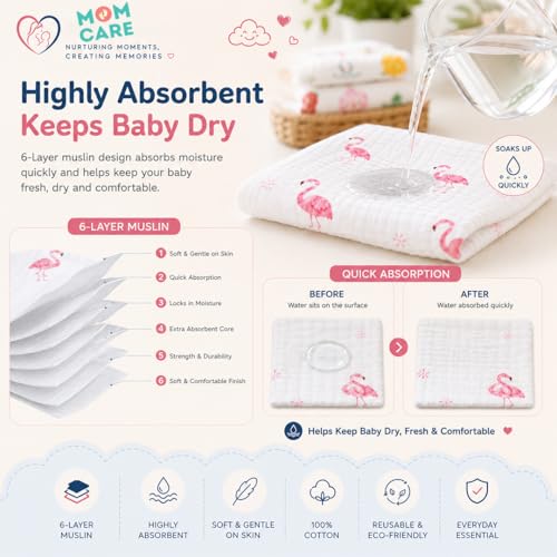 MOM CARE 6 Layer Muslin Baby Washcloth Napkins for Newborn Baby, Ultra Soft Reusable Cotton Face Towels, Highly Absorbent Burp Cloth Feeding Wipes for Babies, Pack of 5 - Image 2
