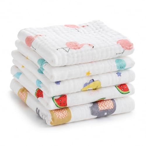 MOM CARE 6 Layer Muslin Baby Washcloth Napkins for Newborn Baby, Ultra Soft Reusable Cotton Face Towels, Highly Absorbent Burp Cloth Feeding Wipes for Babies, Pack of 5 - Image 1