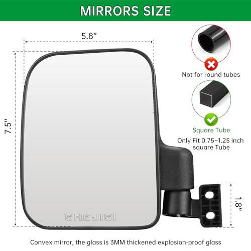SHEJISI Golf Cart Mirror, Upgraded Hassle-Free Installation 3 Sizes for Square Tube Roll Cage Compatible with Club Car Onward DS,Yamaha Drive 2 G22 G29,EZ GO Medalist RXV TXT,ICON,Cushman,Tomberlin - Image 5