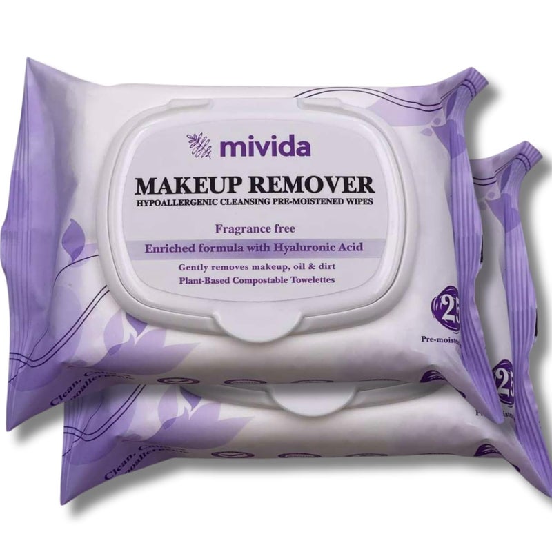 mivida Hypoallergenic Makeup Remover Wipes  2 Pack of 25 Count  Biodegradable Facial Cleansing Makeup Remover Face Wipes with Hyaluronic Acid Fragrance Free Alcohol Free Plant Based Wipes