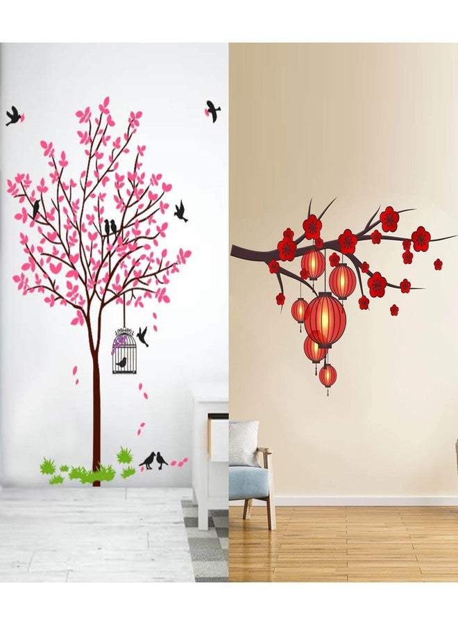 WALLBOOK Set of 2 Wall Stickers Pink Tree with Bird and Nest | Branch with Red Lantern for Home, Hall, Bedroom, Livingroom & Kitchen - Image 1