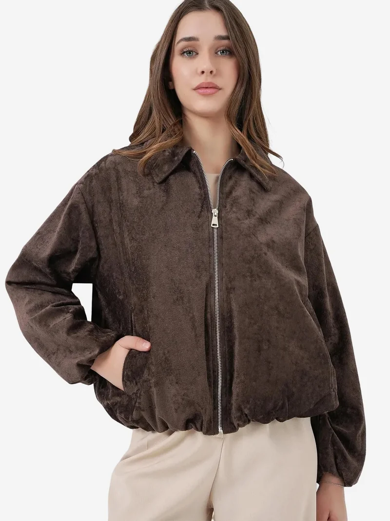 BIG DART BDART Oversized Velvet Zip-Up Jacket with Pockets