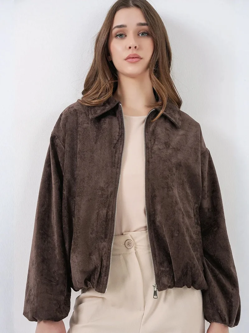 BIG DART BDART Oversized Velvet Zip-Up Jacket with Pockets