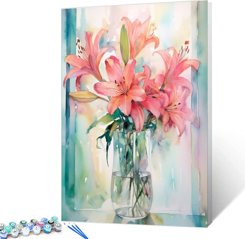 Tucocoo Pink Lily Flower Paint by Numbers Kits 16x20 inch Canvas DIY Oil Painting for Adults with Brushes and Acrylic Pigment  Blooming Floral Vase Picture for Home Decor Gifts Without Frame - Image 1