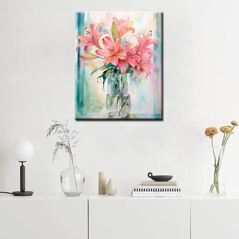 Tucocoo Pink Lily Flower Paint by Numbers Kits 16x20 inch Canvas DIY Oil Painting for Adults with Brushes and Acrylic Pigment  Blooming Floral Vase Picture for Home Decor Gifts Without Frame - Image 2