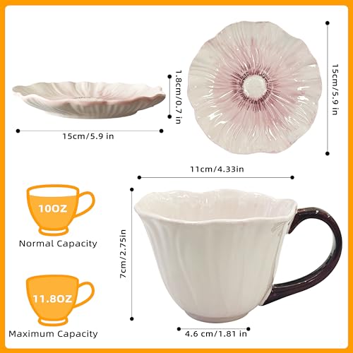 JUSONEY 10 oz Tea Cups and Saucers Ceramic Flowershaped Cappuccino Cup Latte Cup and Saucer set elegant floral Espresso Cup set cups are microwave and dishwasher safePurple - Image 3