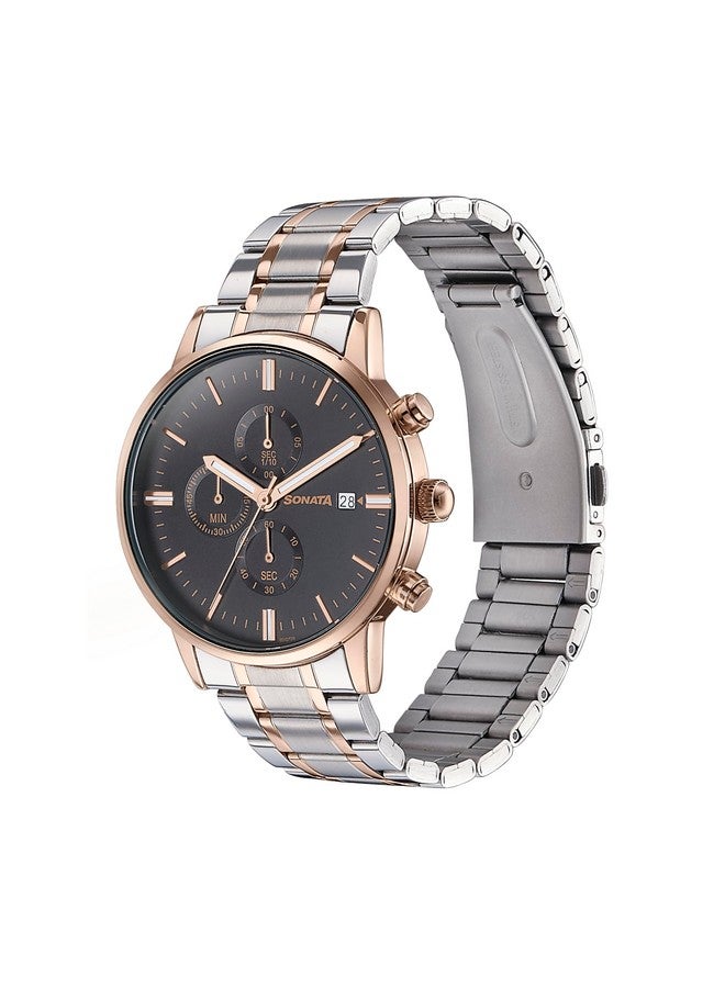 Sonata Quartz Multifunction Black Dial Black Stainless Steel Strap Watch for Men - Image 3