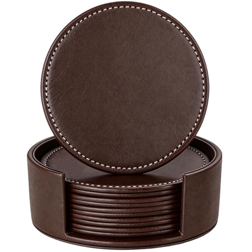AUMISKY Leather Coasters for Drinks(6 Pack), Handmade Durable Drink Coasters Set with Holder for Tabletop Protection, Luxurious Home Décor and Housewarming Gift (Brown) - Image 1