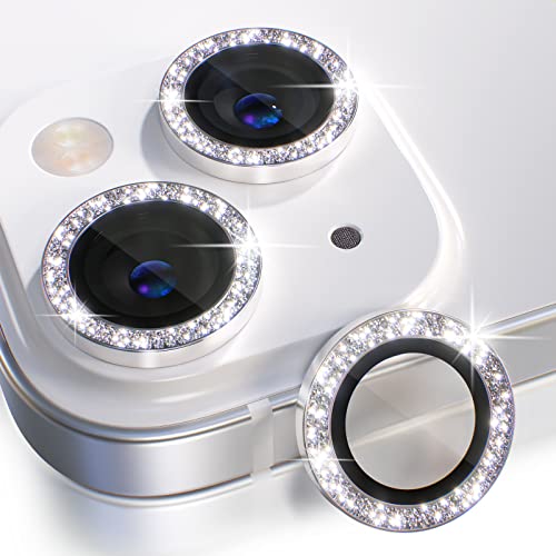 Choiche Compatible for iPhone 14 /iPhone 14 Plus Camera Lens Protector Bling, 9H Tempered Glass Camera Cover Screen Protector Metal Ring Decoration Accessories (Glitter-Silver) - Image 1